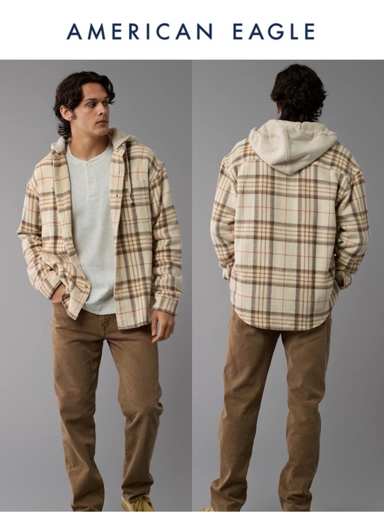 American Eagle Outfitters Other - AMERICAN EAGLE HOODED FLANNEL SHIRT FROSTY CREAM PLAID BAJA BUTTON UP SHACKET
